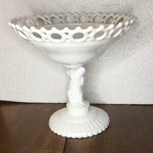 Vintage White Milk Glass Pedestal Compote Bowl with Reticulated Rim & Figurine